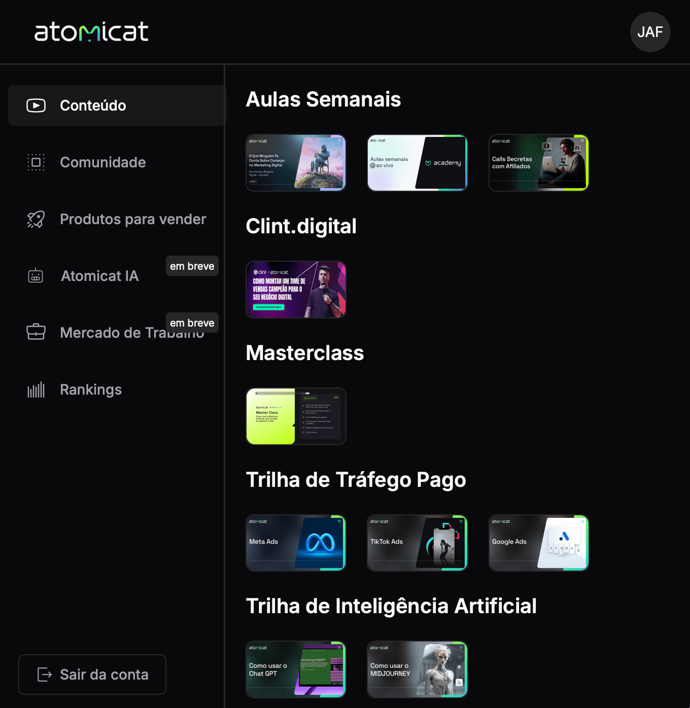 AtomicAcademy digital marketing course dashboard and lesson library