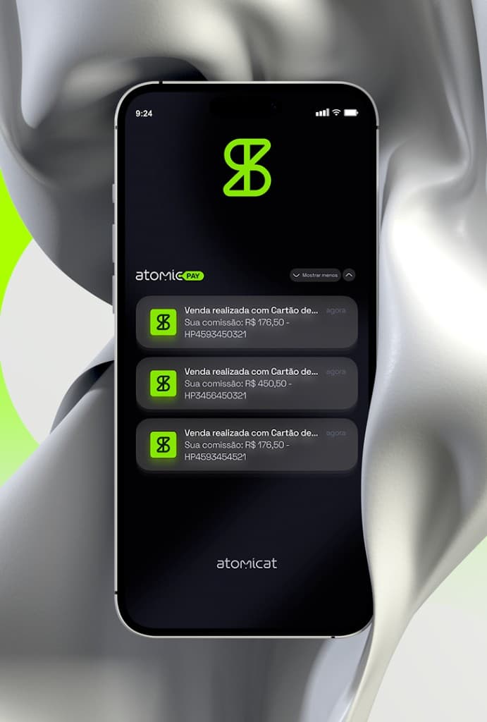 App móvel AtomicPay com notificações de vendas em tempo real