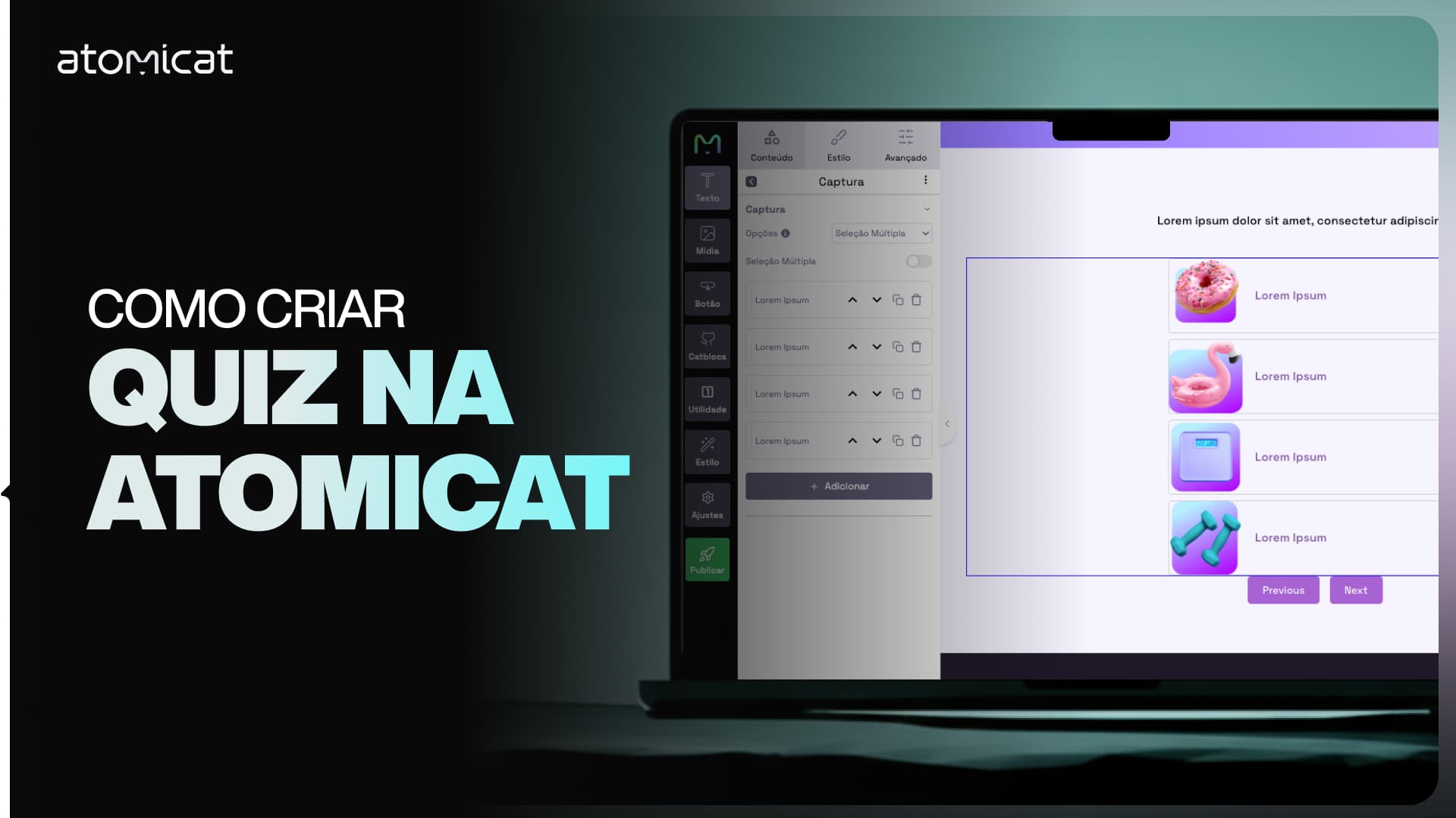 AtomicQuiz interface showing how to create interactive quizzes